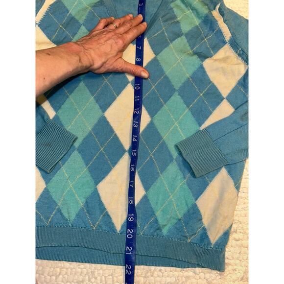 VINTAGE 80's BALLANTYNE SCOTLAND MERINO WOOL TURQUOISE ARGYLE VEE NECK SWEATER - Picture 4 of 5